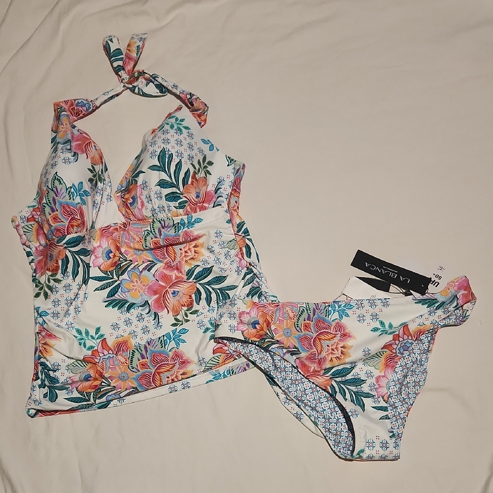 NWT La Blanca Blue and Pink Floral REVERSIBLE Swim Suit Sz14